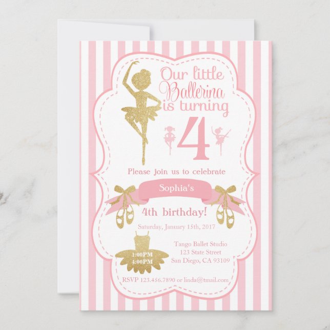 Ballerina Birthday Invitation in Pink and Gold (Front)