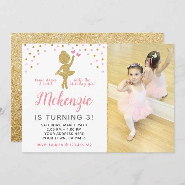 Ballerina Birthday Invitation with Photo (Front/Back)