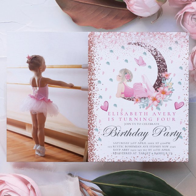 Ballerina Birthday Moon Pastel Pink Glitter Photo Invitation (Creator Uploaded)