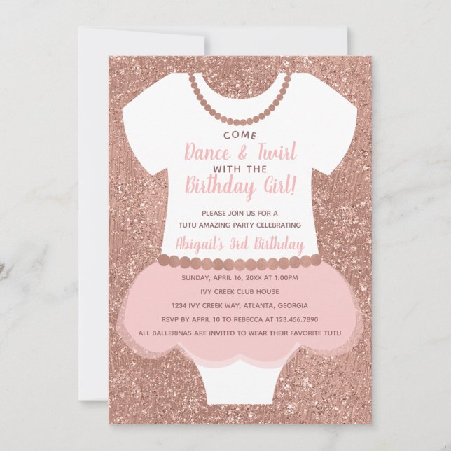 Ballerina Birthday Party Invitation, Rose Gold Invitation (Front)