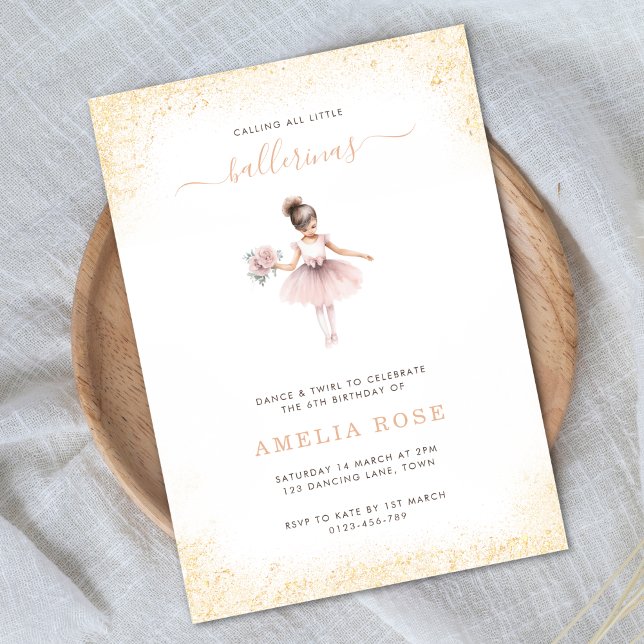 Ballerina Birthday Party Pink Gold Girl Floral  Invitation (Creator Uploaded)