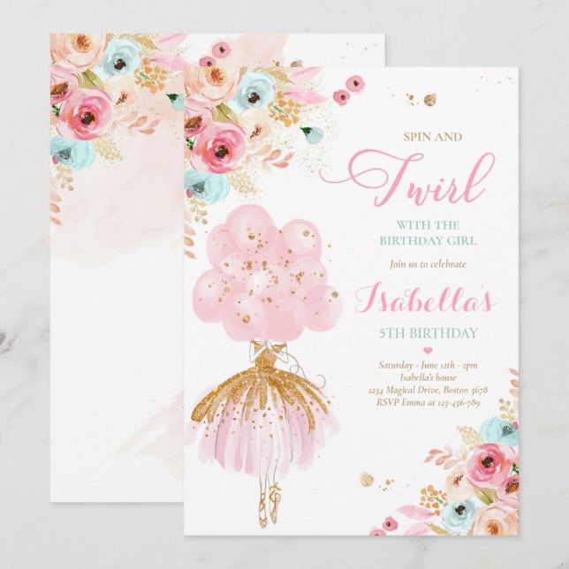 Ballerina Birthday Pink Mint & Gold Floral Ballet Invitation (Front/Back)