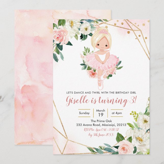 Ballerina Blonde Girl Pink Gold Floral Invitation (Front/Back)