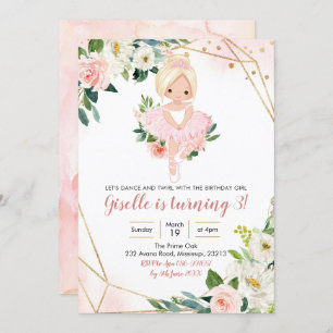 Ballerina Blonde Girl Pink Gold Floral Invitation