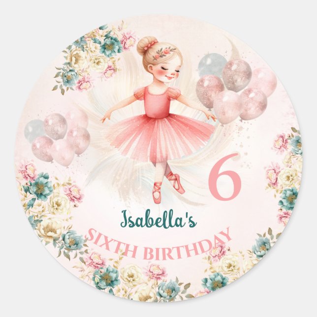 Ballerina Blonde Pink Teal Floral Birthday Classic Round Sticker (Front)
