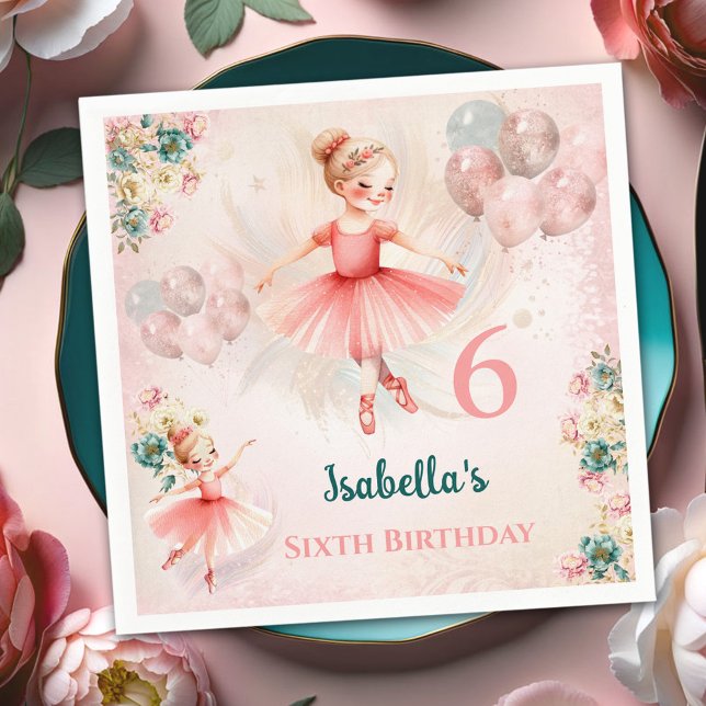 Ballerina Blonde Pink Teal Floral Girly Birthday Napkin (Ballerina Blond Pink Teal Floral Girly Birthday Napkins)
