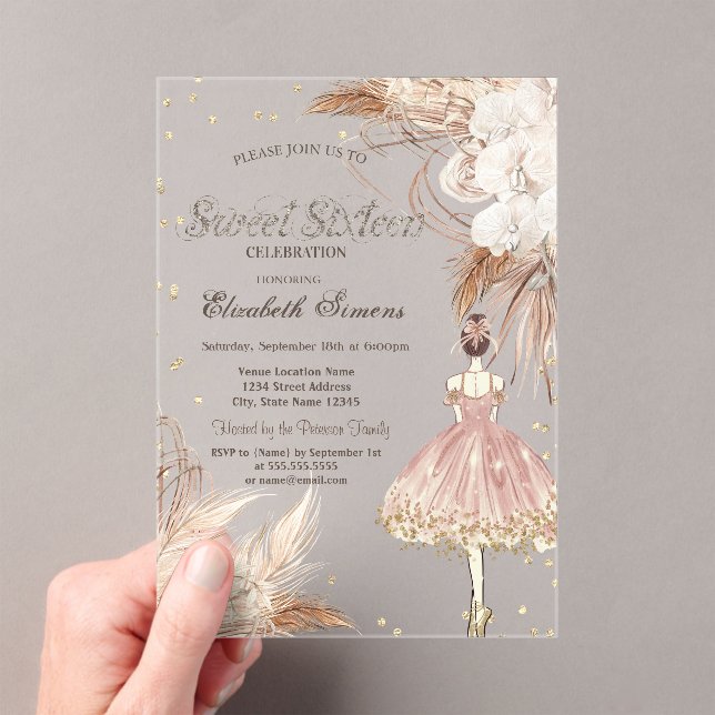 Ballerina Boho Flowers Rose Gold Sweet 16  Acrylic Invitations (Insitu (Handheld))