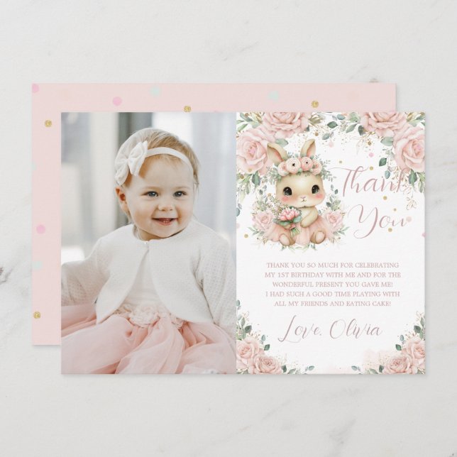 Ballerina Bunny Rabbit 1st 2nd 3rd Birthday Photo Thank You Card (Front/Back)