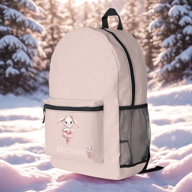 Ballerina Bunny Rabbit Monogram Name Pastel Pink Printed Backpack (Creator Uploaded)
