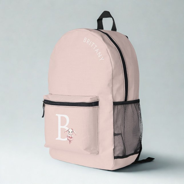 Ballerina Bunny Rabbit Monogram Name Pastel Pink Printed Backpack (Creator Uploaded)