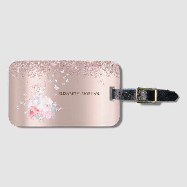 Ballerina Butterflies Confetti Rose Gold  Luggage Tag (Front Horizontal)