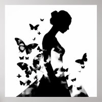 Ballerina & Butterflies Silhouette Black & White 