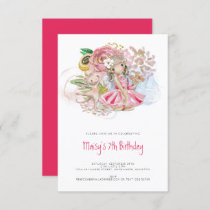Ballerina Cat Florals Pink Girl 7th Birthday Party Invitation