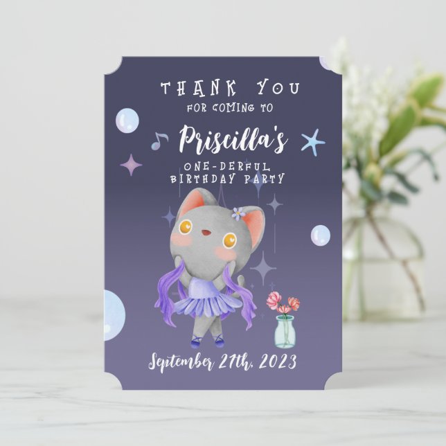Ballerina Cat Kids Birthday Party Thank You Card (Standing Front)