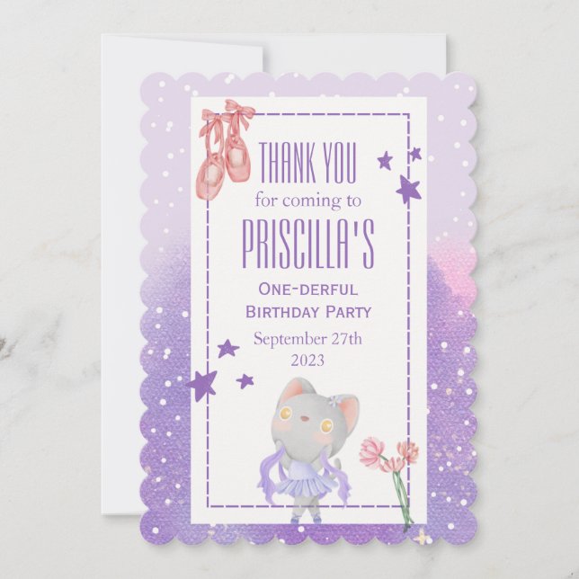 Ballerina Cat Kids Birthday Party Thank You Card (Front)