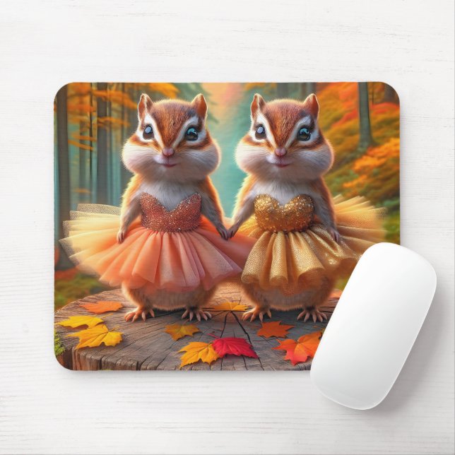 Ballerina Chipmunks On a Fall Tree Stump Mouse Pad (With Mouse)