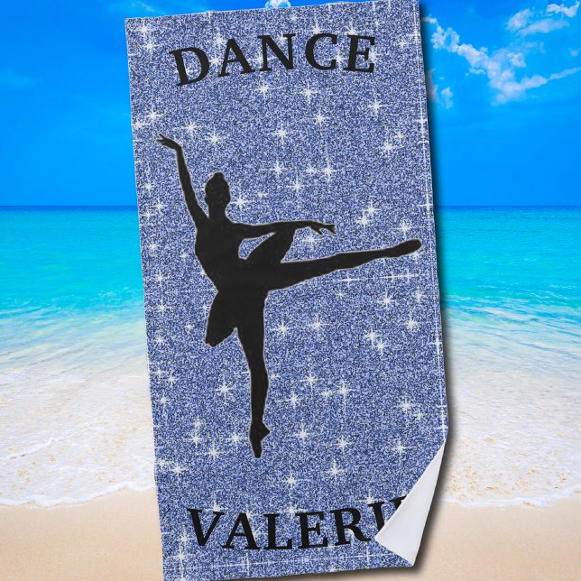 Ballerina Dance Beach Towel with Name (Blue Glitter Dance beach towel for Girls and Dance Lovers)