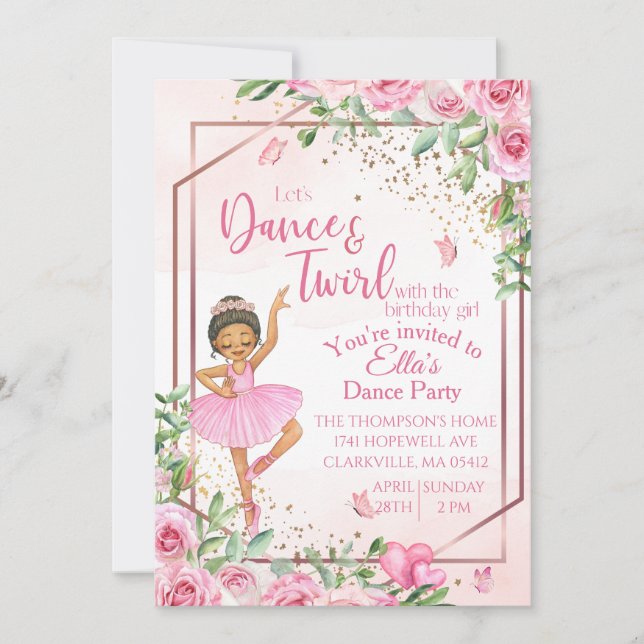 Ballerina dance pink watercolor birthday  invitation (Front)