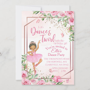 Ballerina dance pink watercolor birthday  invitation