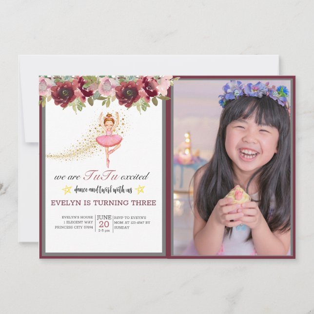 Ballerina Dancer| Pink Floral Ballet Birthday Invitation (Front)