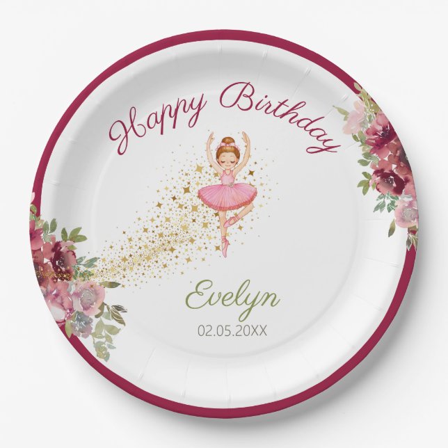 Ballerina Dancer| Pink Floral Ballet Birthday Paper Plate (Front)