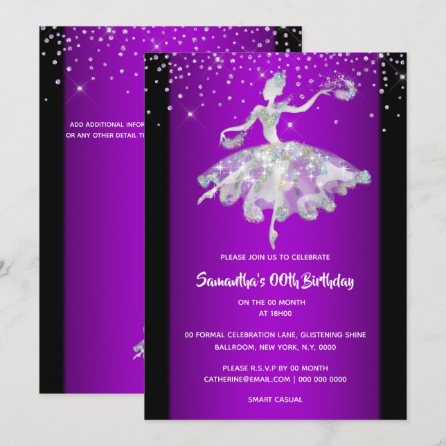 Ballerina dancing glitter purple girls party invitation (Front/Back)