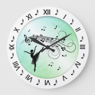 Ballerina Dancing with Music Notes Green Large Clock