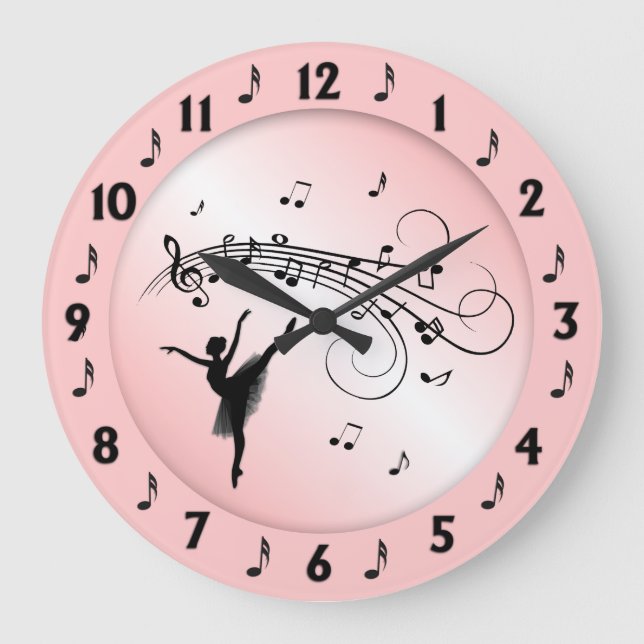 Ballerina Dancing with Music Notes Pink Large Clock (Front)