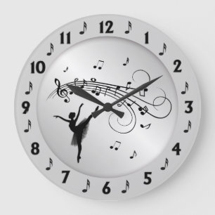 Ballerina Dancing with Music Notes Silver Large Clock