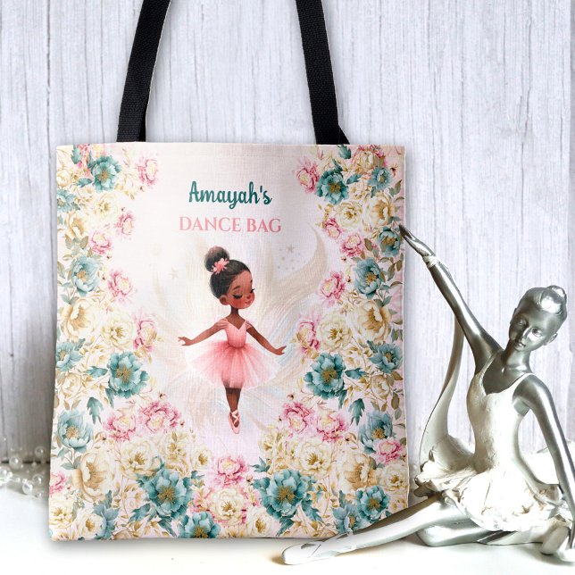 Ballerina Dark Skin Girl Pink Teal Floral Dance Tote Bag (Ballerina Dark Skin Girl Pink Teal Floral Dance Tote Bag)