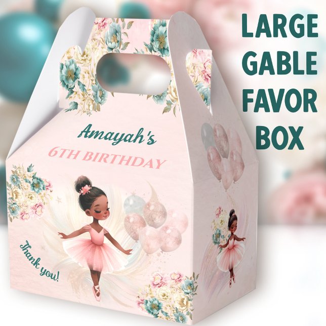 Ballerina Dark Skin Pink Girl Birthday Large Favour Box (Cute Dark Ballerina Large Gable Favor Boxes - You can choose from 3 sizes of these gable favor boxes)