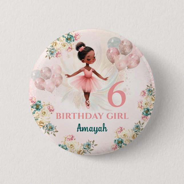 Ballerina Dark Skin Pink Teal Floral Birthday 6 Cm Round Badge (Front)