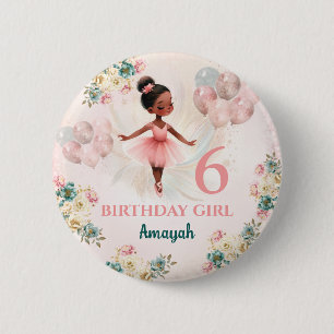 Ballerina Dark Skin Pink Teal Floral Birthday 6 Cm Round Badge