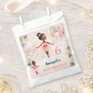 Ballerina Dark Skin Pink Teal Floral Birthday Favour Bags