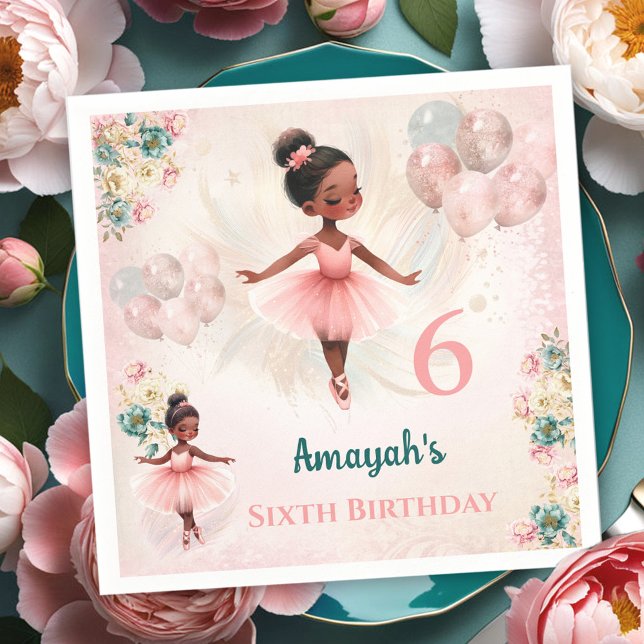 Ballerina Dark Skin Pink Teal Floral Birthday Napkin (Ballerina Dark Skin Pink Teal Floral Birthday Napkins)