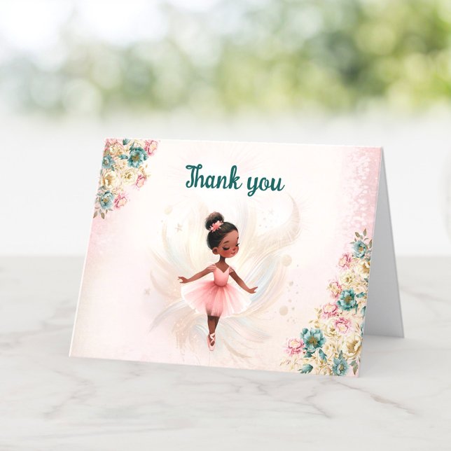 Ballerina Dark Skin Pink Teal Floral Birthday Thank You Card (Ballerina Dark Skin Pink Teal Floral Birthday Thank You Card)