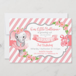 Ballerina Elephant Pink Birthday Invitation