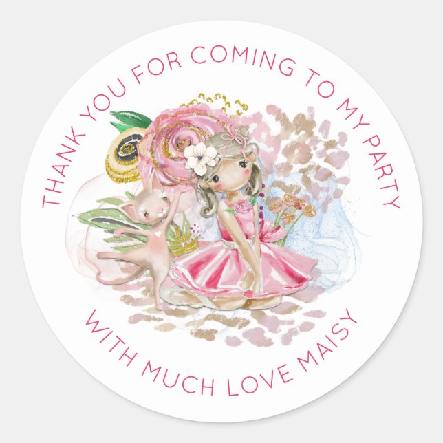 Ballerina Floral Cat Name Thank You Birthday Party Classic Round Sticker (Front)