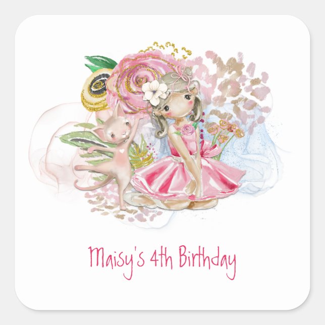 Ballerina Florals Cat Pink Girl 4th Birthday Party Square Sticker (Front)