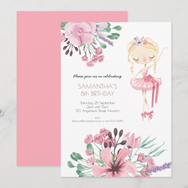 Ballerina Florals Foliage Girl 8th Birthday Party Invitation (Front/Back)