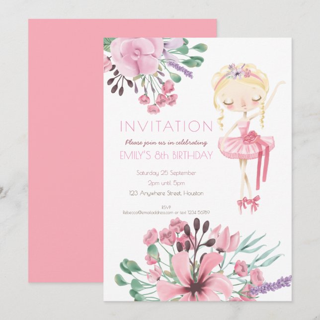 Ballerina Florals Girl 8th Birthday Party Invitation (Front/Back)