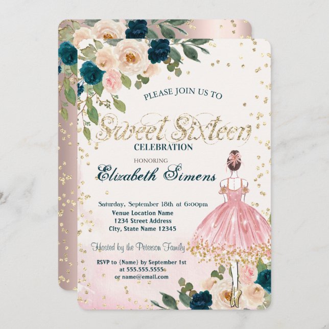 Ballerina Flowers Diamonds Rose Gold Sweet 16  Invitation (Front/Back)