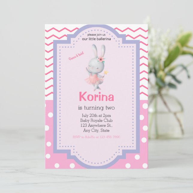  Ballerina girl birthday invite, bunny dance twirl Invitation (Standing Front)