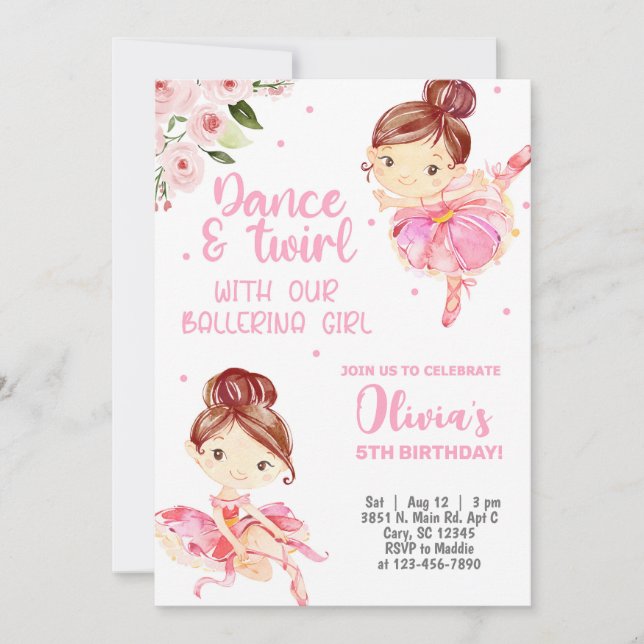 Ballerina girl birthday invite, pink dance twirl. invitation (Front)