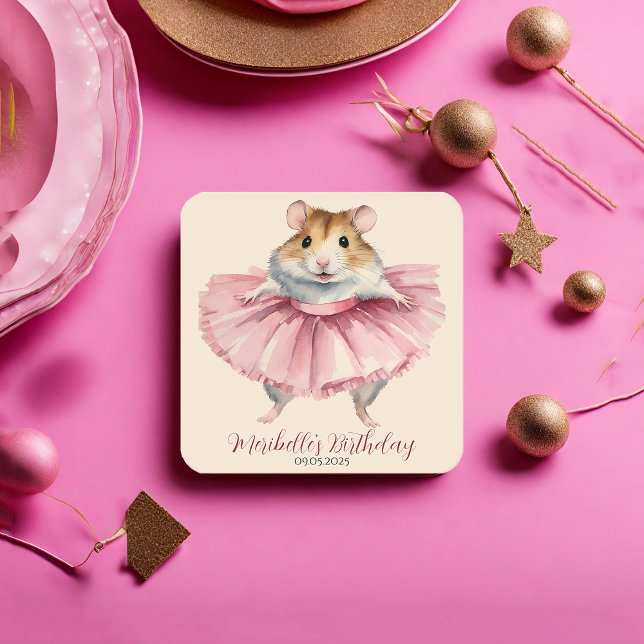 Ballerina Hamster Girl Birthday Thank You Square Paper Coaster (Creator Uploaded)