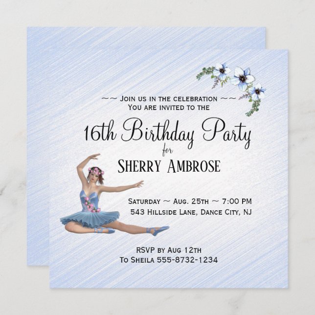 Ballerina in Blue Birthday Party Invitation  (Front/Back)