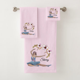Ballerina in Blue on Pink Personal Name Bath Towel Set