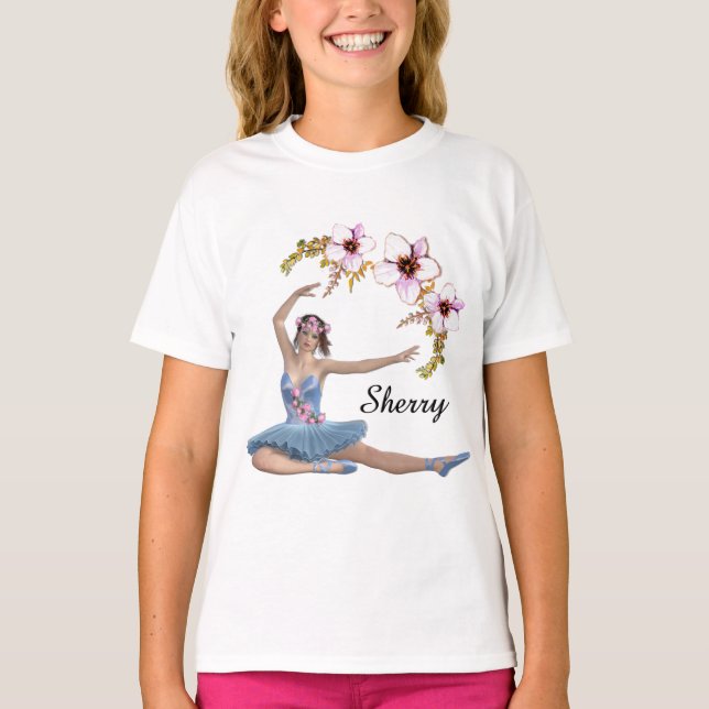 Ballerina in Blue Personal Name Pink Flowers T-Shirt (Front)