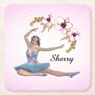 Ballerina in Blue Personal Name Pink Square Paper Coaster