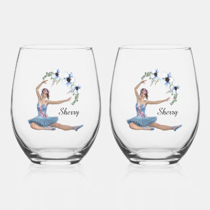 Ballerina in Blue Personal Name Stemless Wine Glass